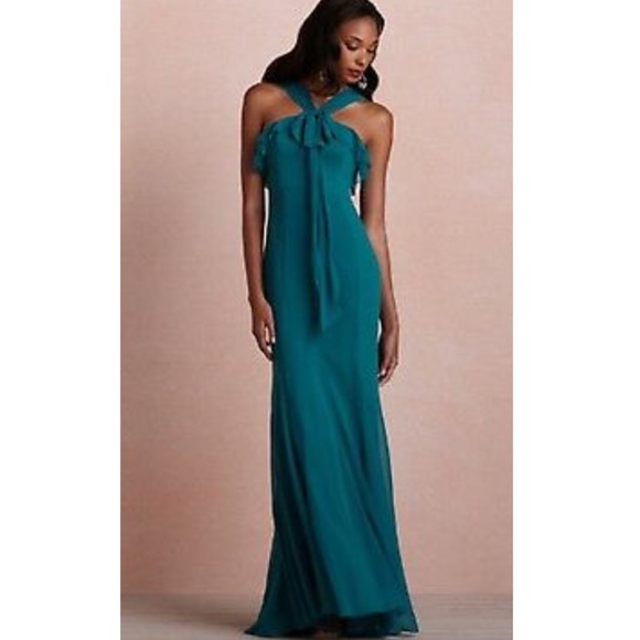 New Quillaree x BHLDN Wind Wave 2 / XS Green Teal Chiffon Ruffled Formal Gown - Picture 7 of 8